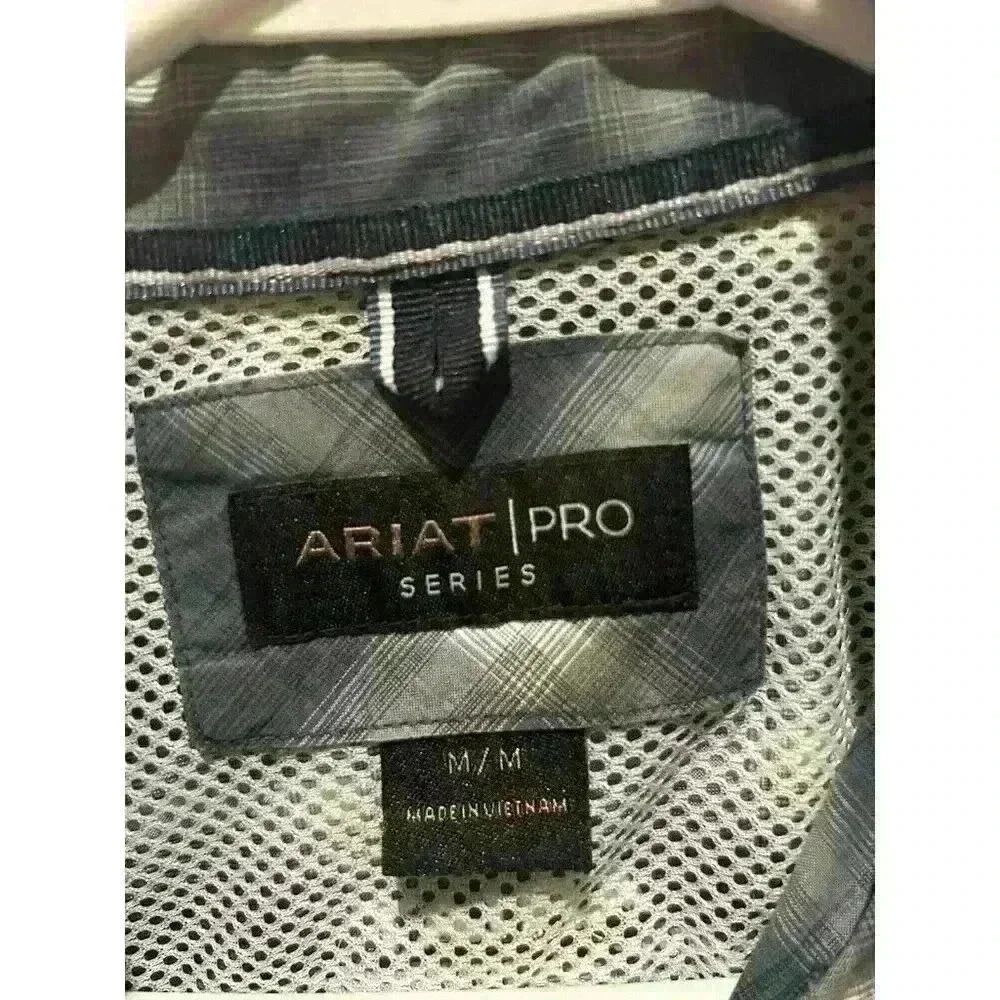 Ariat Pro Series Mens Shirt M Gray White Ventilated Arm Pits Plaid Button Down - Picture 4 of 7